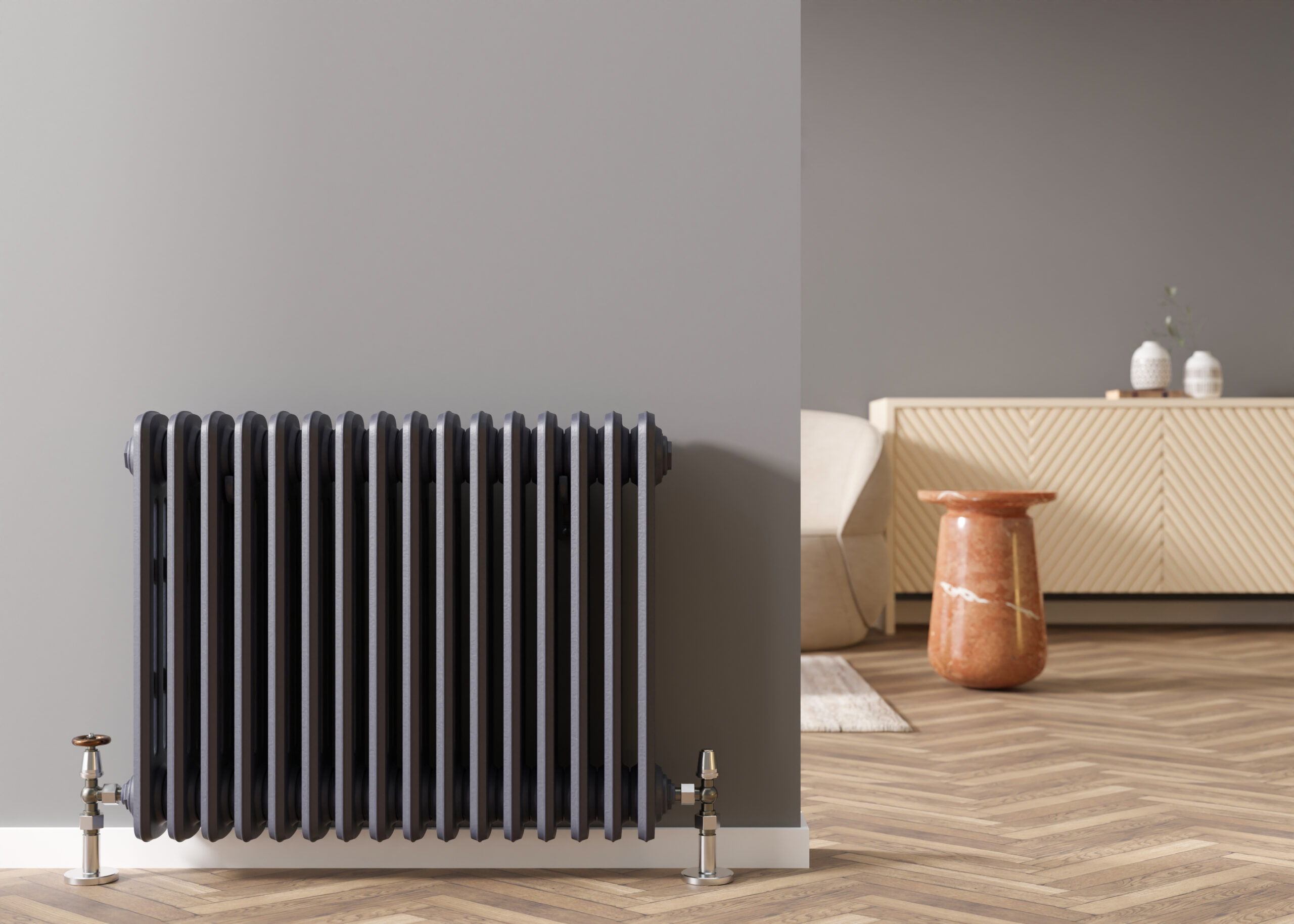 Heating radiator on gray wall in modern room Home interior Central heating system Heating is getting more expensive Energy crisis D rendering